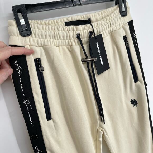 Homme + Femme NEW Signature Track Pants Sz XS Cream Black Stripe Zip Pockets - Picture 2 of 9